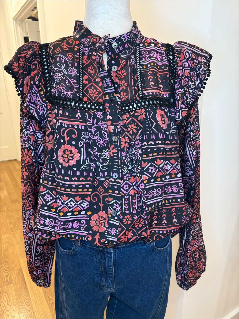 Fate Black Floral Print Ruffle Shoulder Blouse